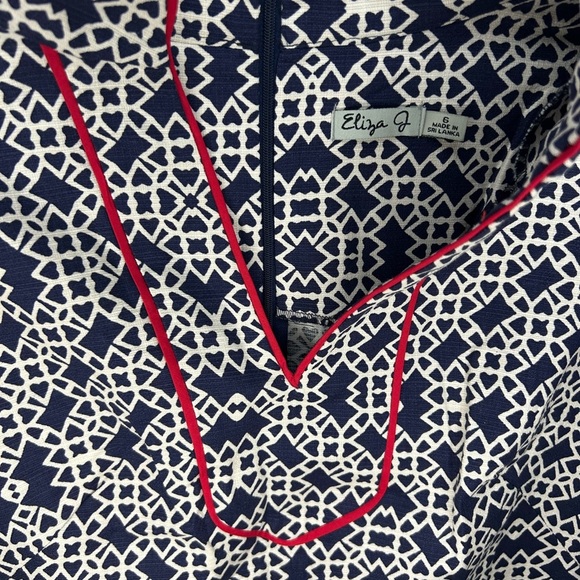 Women’s Eliza J Blue White Geometric Cotton Spandex Designer MIDI Dress Size 6 - Picture 3 of 4